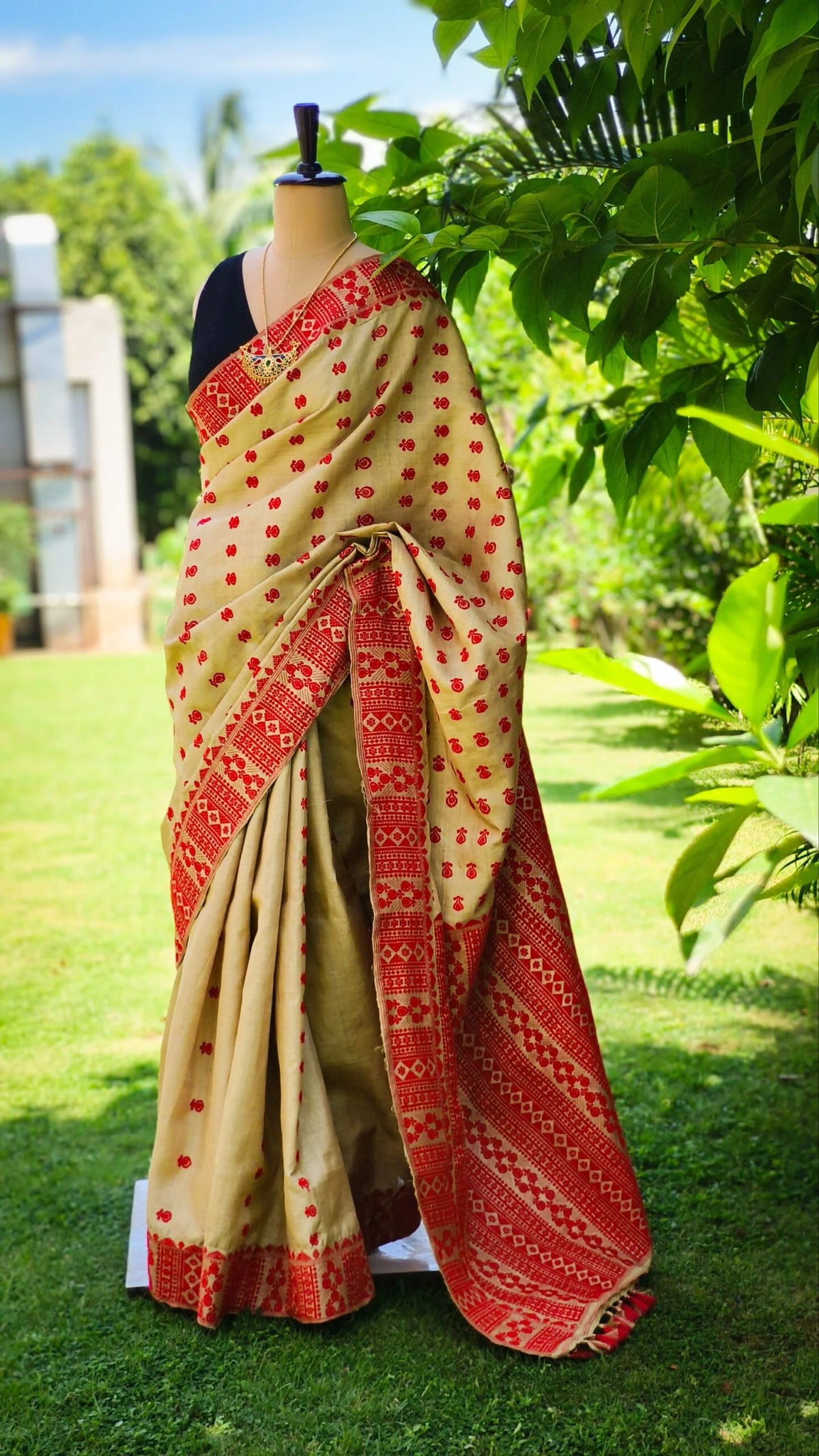Pure Muga Exclusive Assam Silk Saree With Ghoti Design and Red Motifs