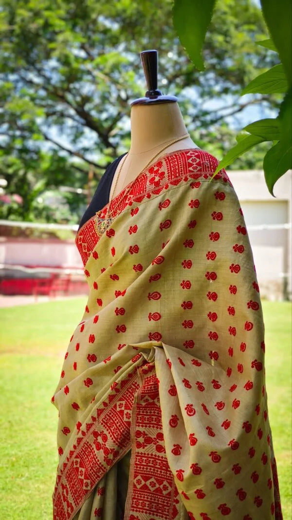 Pure Muga Exclusive Assam Silk Saree With Ghoti Design and Red Motifs