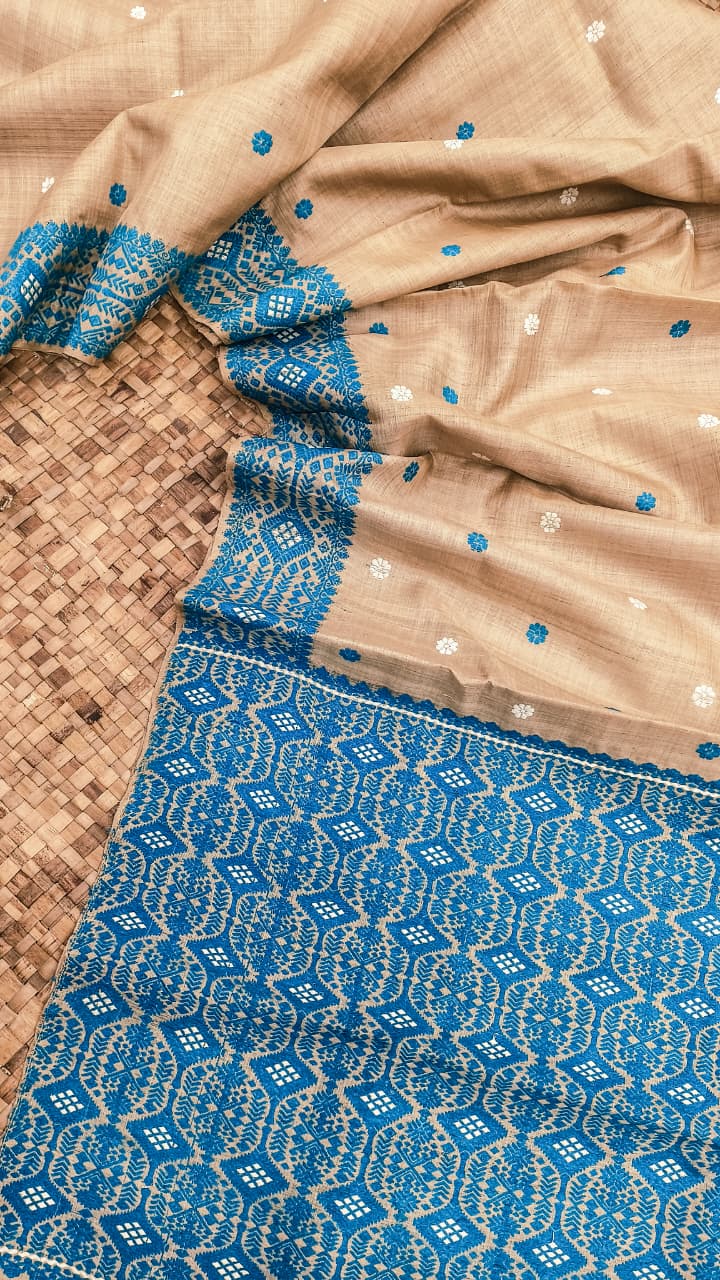 Blue Pure Muga Saree Interwoven Thread Work Handwoven Assam Silk Saree