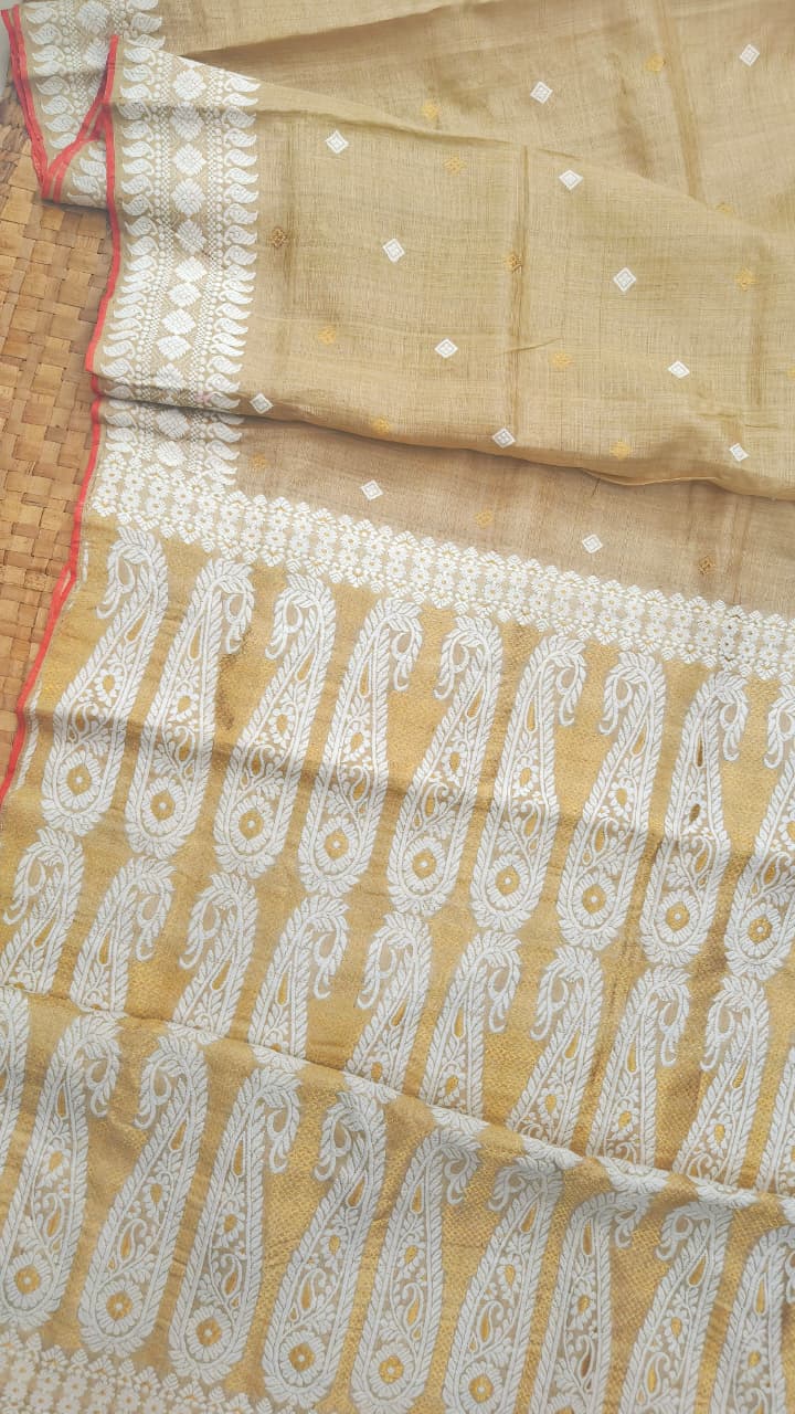 Pure Muga Saree Interwoven Thread Work Handwoven Assam Silk Saree