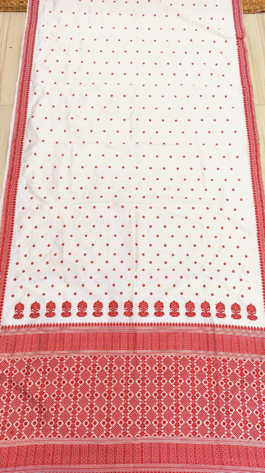 White Pure Mulberry Silk Thread Work Assam Silk Saree