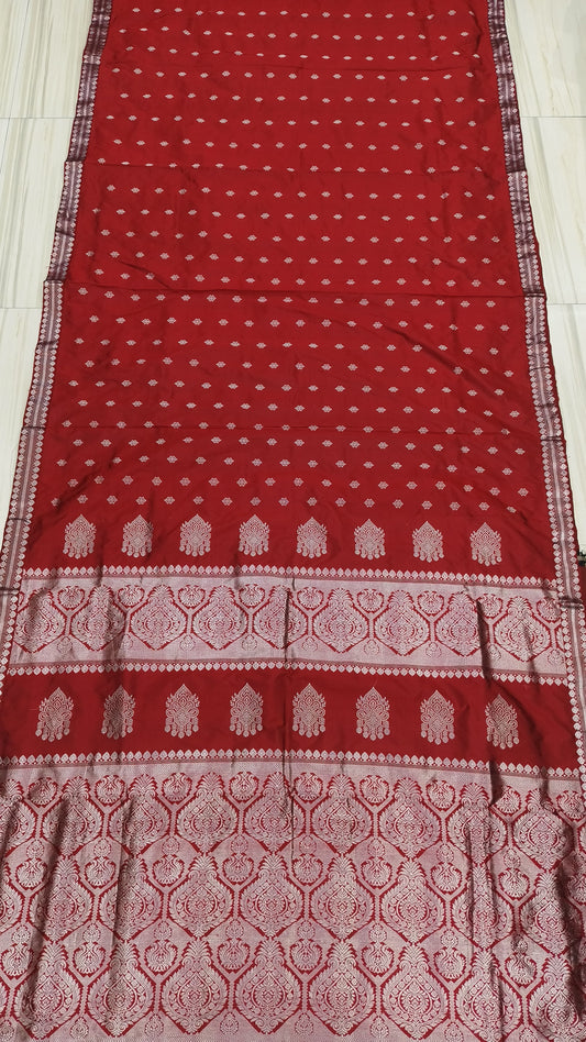 Maroon Pure Mulberry Silk Silver Zari Work Assam Silk saree