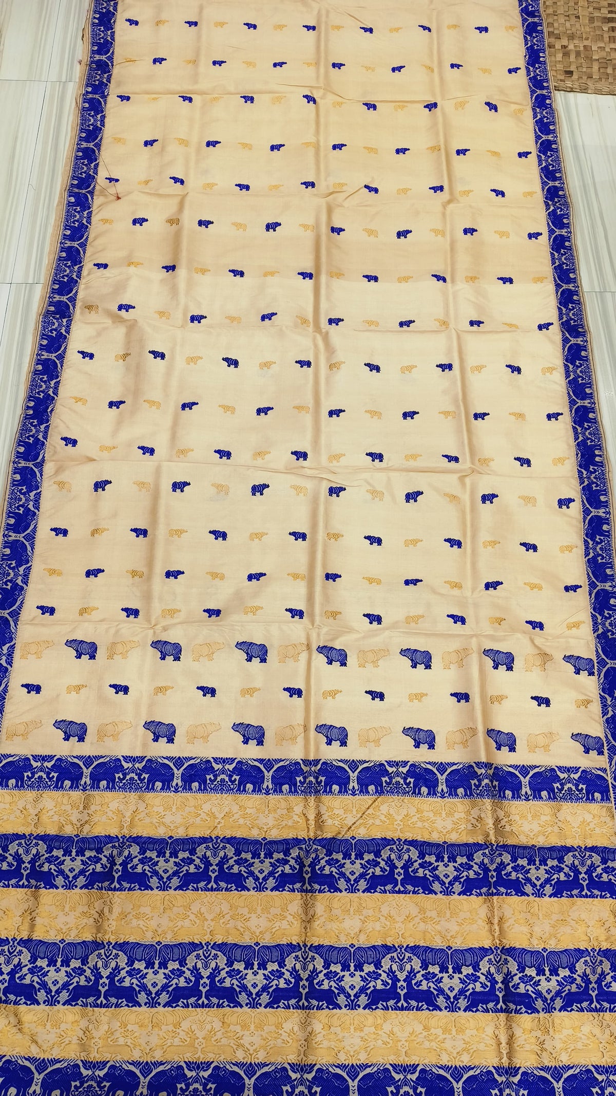 Pure Tussar By Tussar Silk Kaziranga Zari & Thread Work assam Silk saree With Blue Colour Motifs