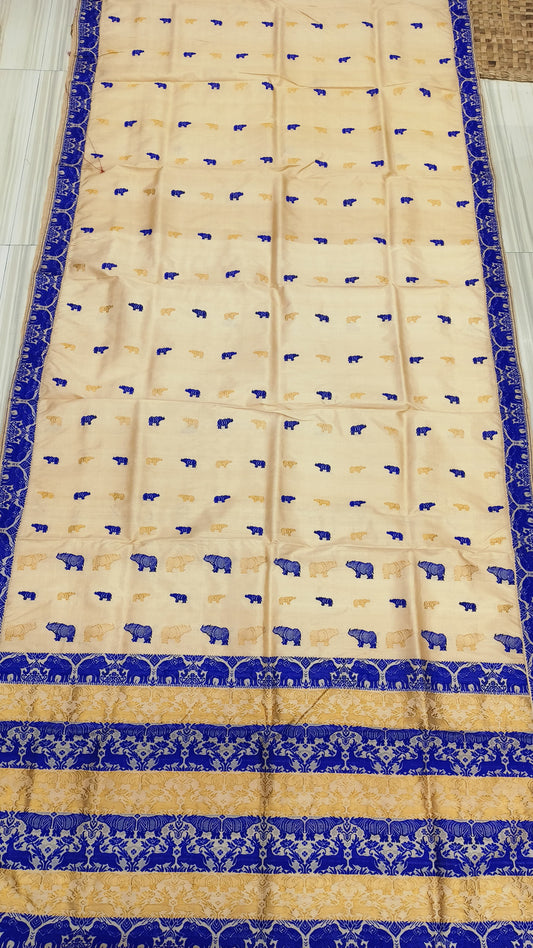 Pure Tussar By Tussar Silk Kaziranga Zari & Thread Work assam Silk saree With Blue Colour Motifs