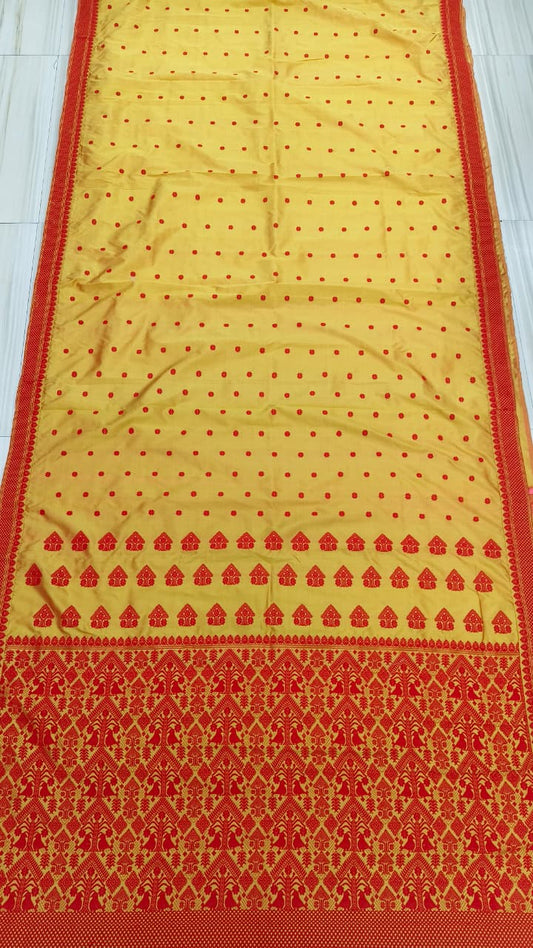 Mustard Yellow Pure Mulberry Silk Thread Work Assam Silk Saree