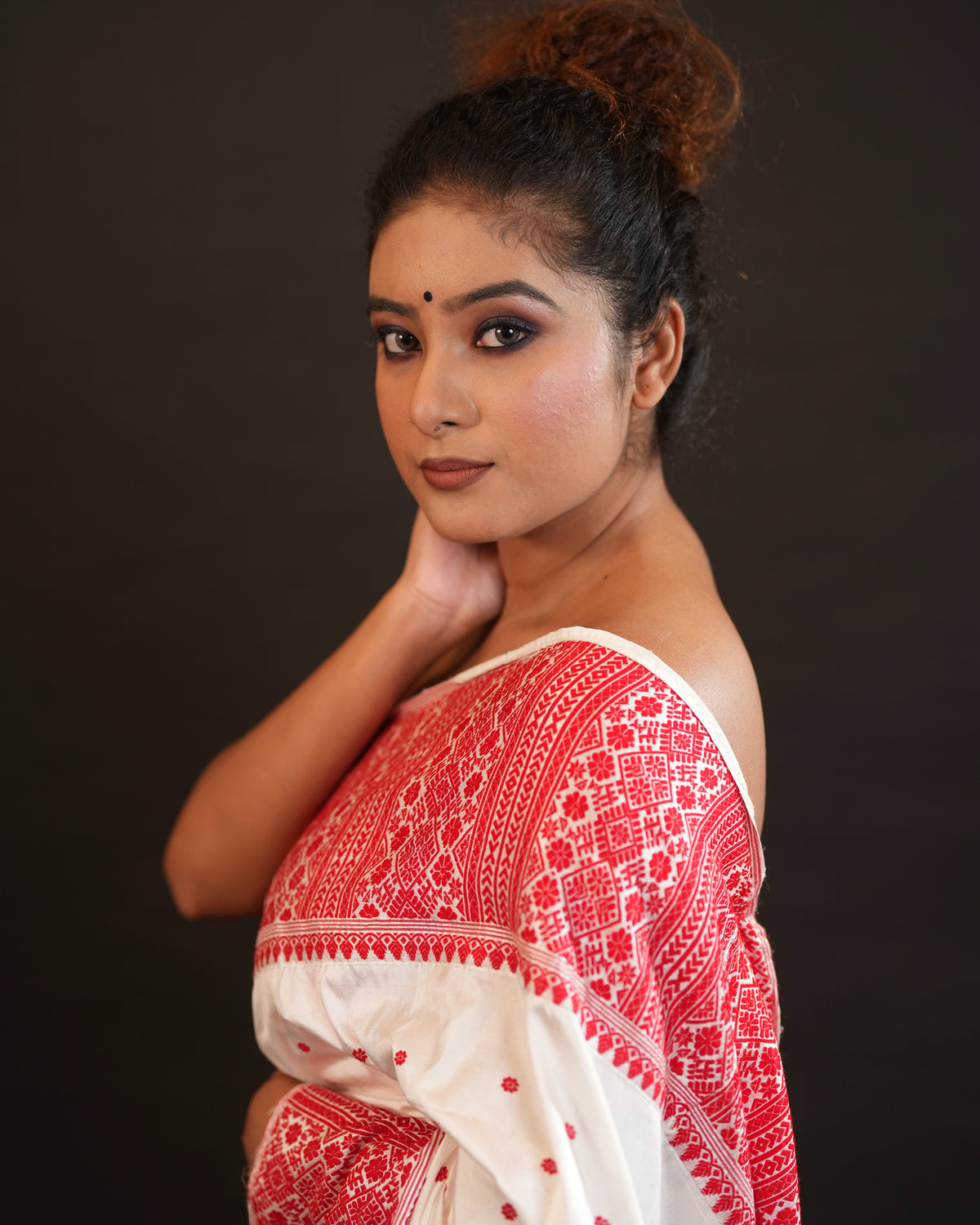 White Pure Mulberry Silk Big Border Thread Work Assam Silk Saree