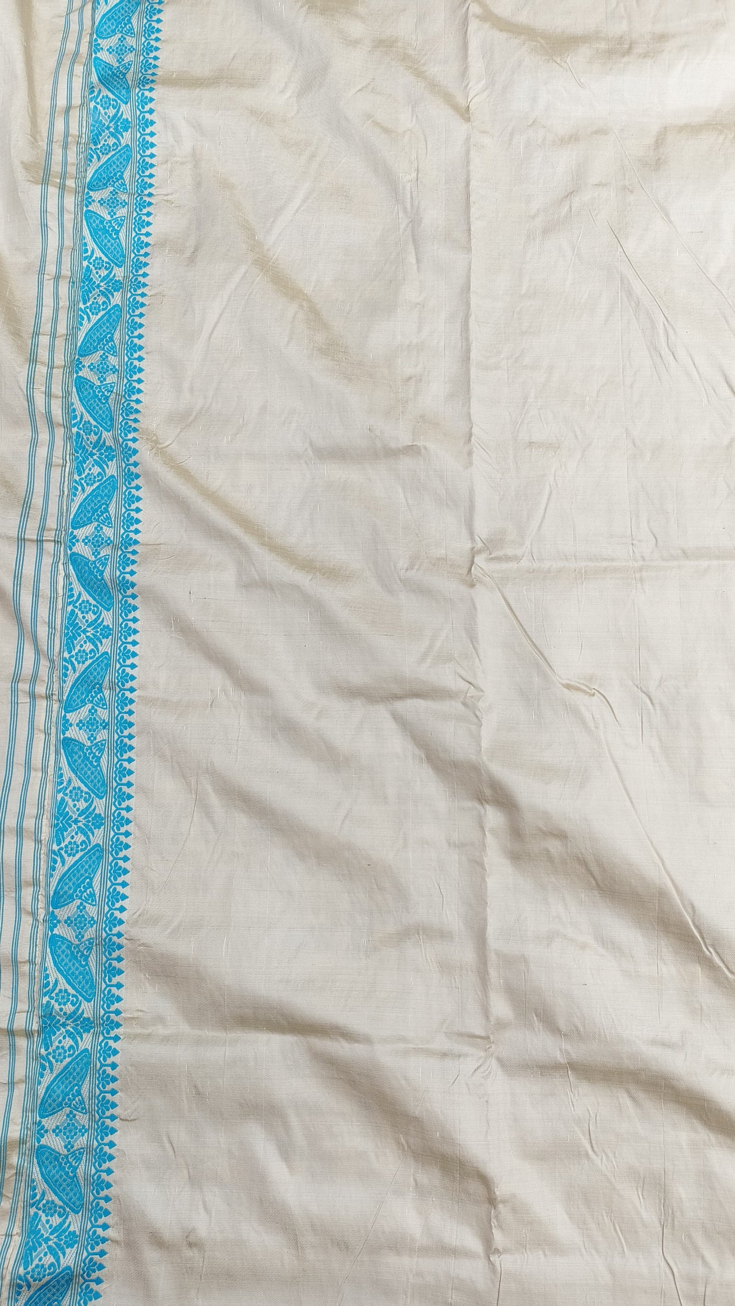 Pure Tussar By Mulberry (Tospaat) Silk Threadwork Kaziranga Assam Silk Saree with Sky Blue Motifs