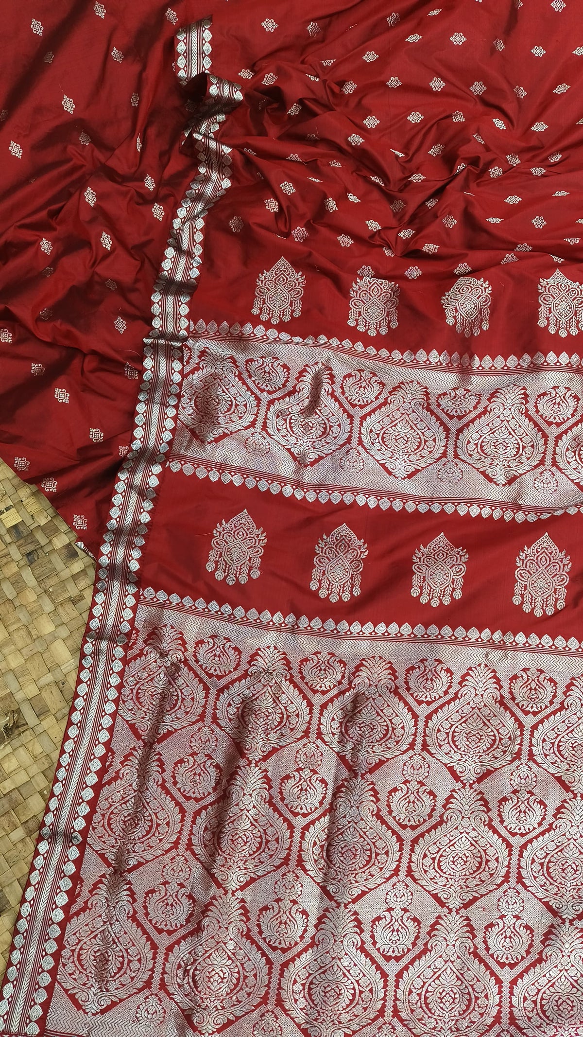 Maroon Pure Mulberry Silk Silver Zari Work Assam Silk saree