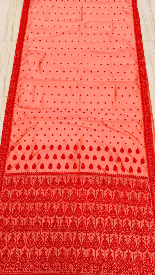 Coral Pure Mulberry Silk Thread Work Assam Silk Saree