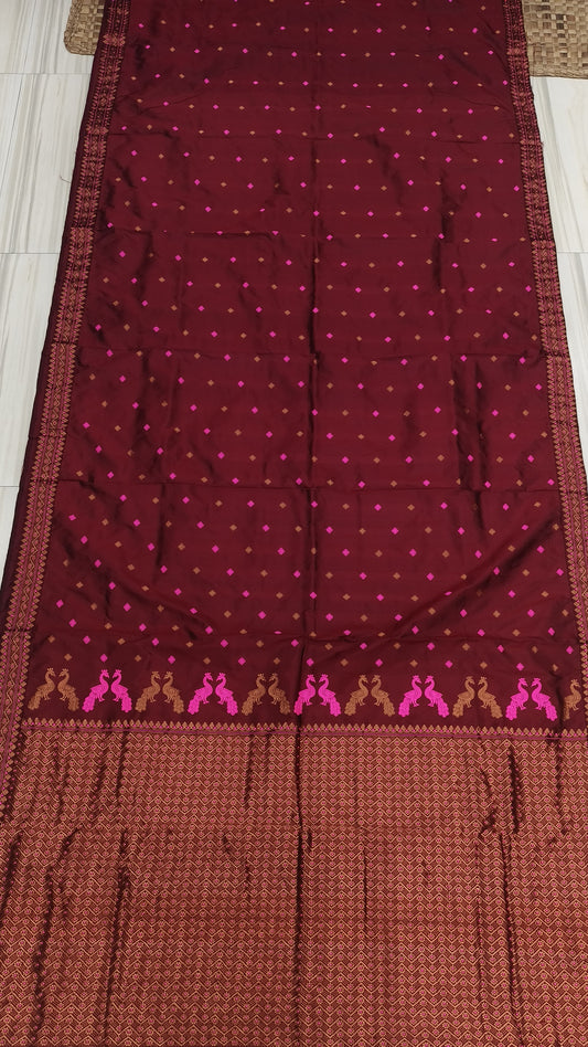 Brown Pure Mulberry Silk Silver Zari Work Assam Silk saree With Mayur Motifs