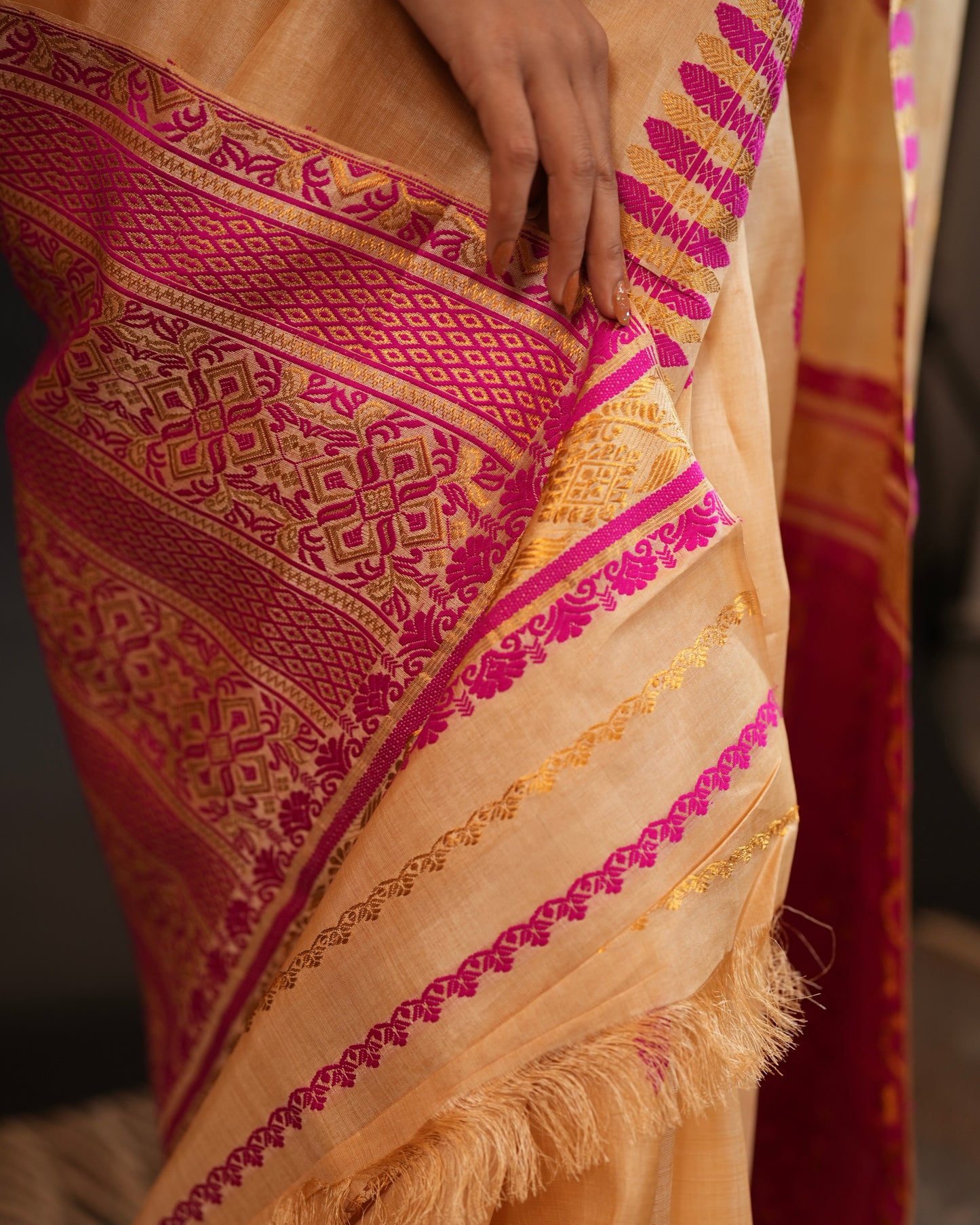 Pure Tussar By Tussar Silk Interwoven Zari And Thread Work Assam Silk Saree