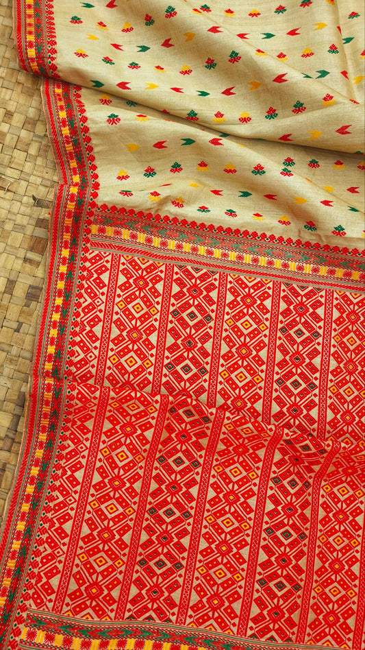 Pure Tussar By Muga Silk Red Thread Work Assam Silk Saree