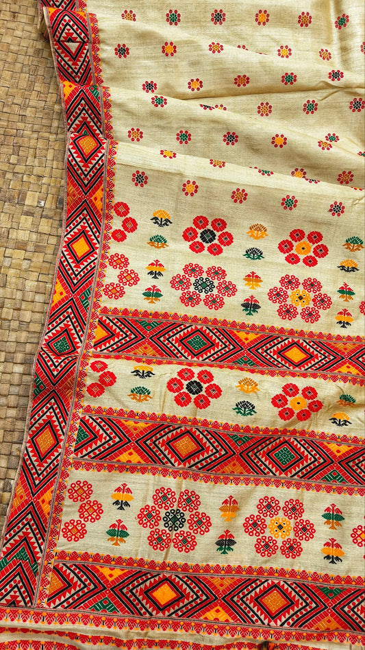 Pure Tussar By Muga Silk Thread Work  With 7 Sister Motifs Assam Silk Saree