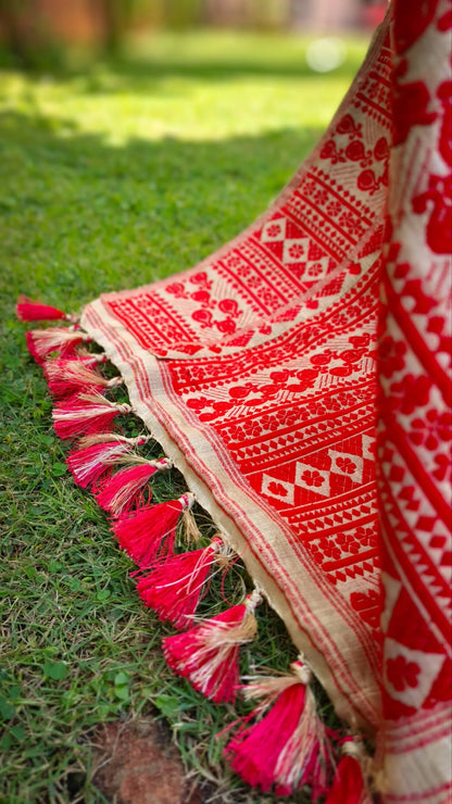 Pure Muga Exclusive Assam Silk Saree With Ghoti Design and Red  Motifs