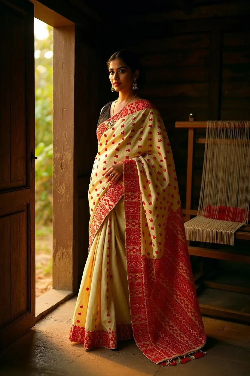 Pure Muga Exclusive Assam Silk Saree With Ghoti Design and Red  Motifs