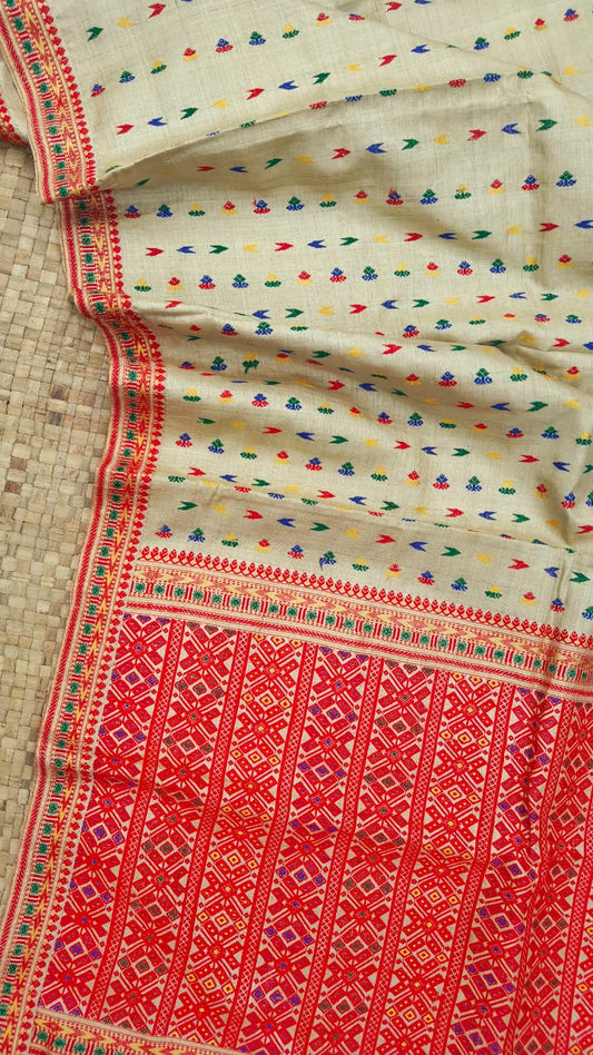 Pure Muga Thread Work Handwoven Assam Silk Saree  with Malticolor Motifs