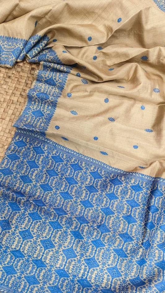 Blue Pure Muga Thread Work Interwoven Assam Silk Saree