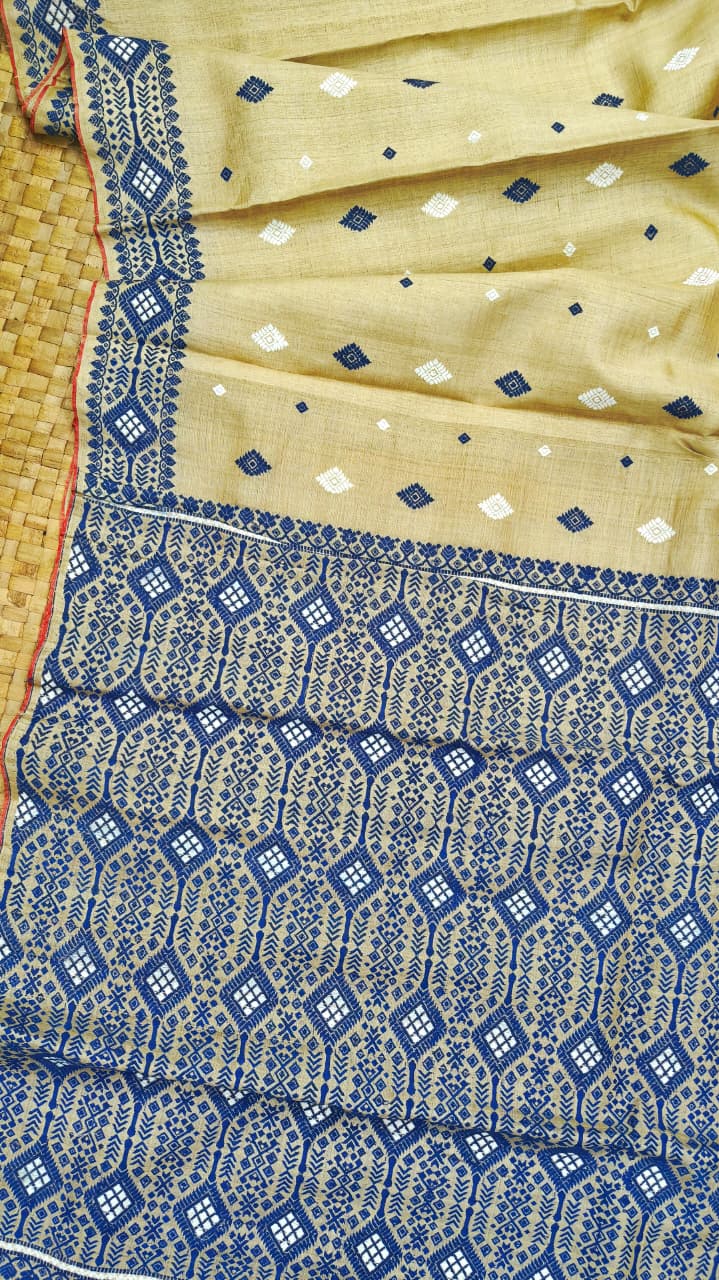 Navy Blue Pure Muga Saree Interwoven Thread Work Handwoven Assam Silk Saree