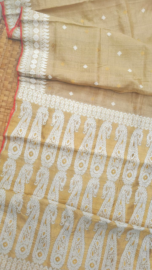 Pure Muga Saree Interwoven Thread Work Handwoven Assam Silk Saree