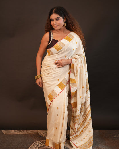 White Pure Eri By Eri Silk With Muga Ghisa Thread Work Assam Silk Saree