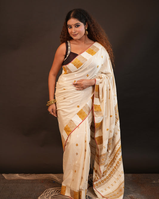 White Pure Eri By Eri Silk With Muga Ghisa Thread Work Assam Silk Saree