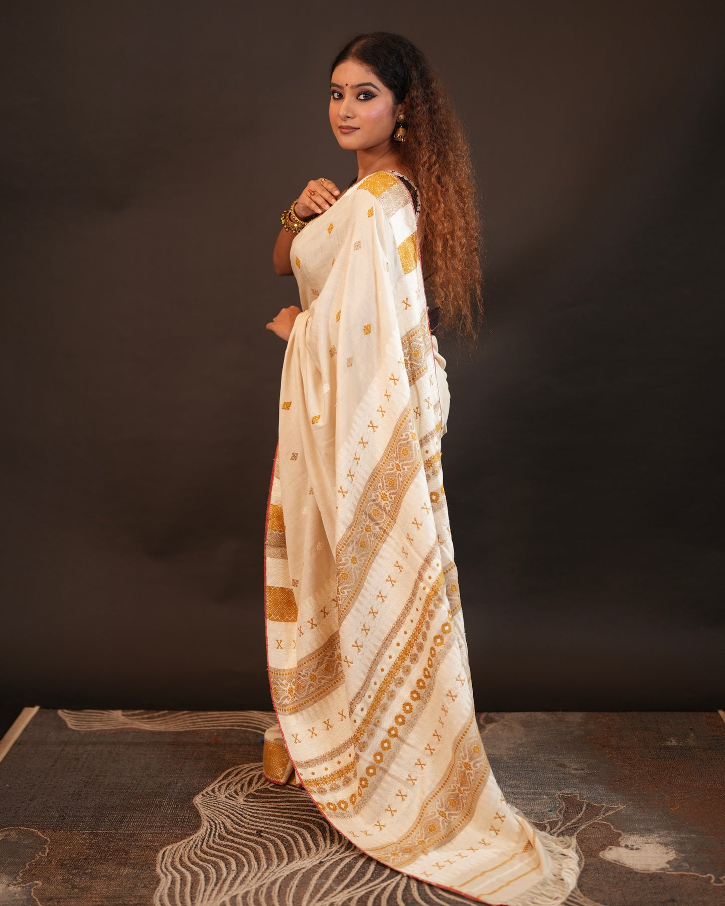 White Pure Eri By Eri Silk With Muga Ghisa Thread Work Assam Silk Saree