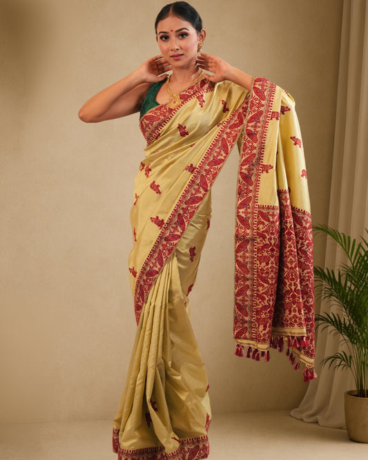 Golden Pure Mulberry Silk Kaziranga Thread Work Assam Silk Saree