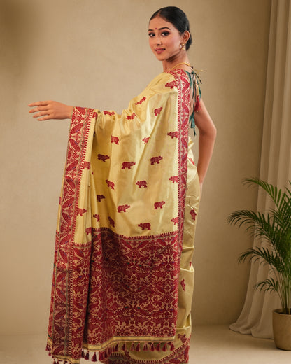 Golden Pure Mulberry Silk Kaziranga Thread Work Assam Silk Saree