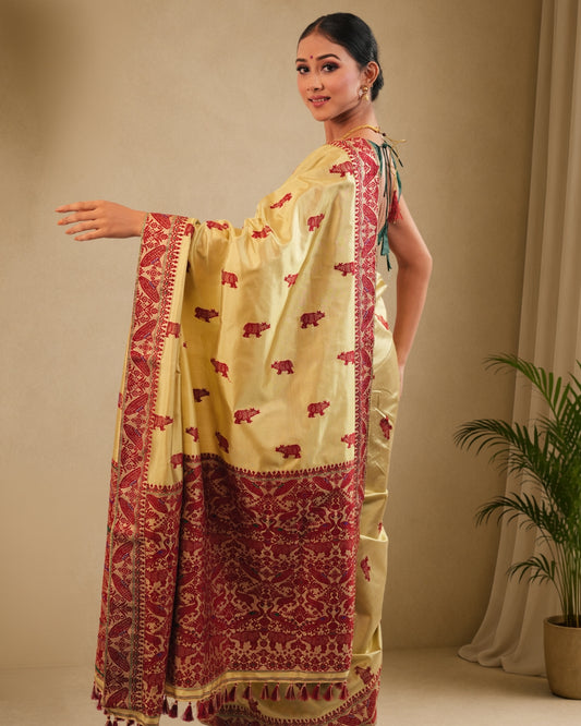 Golden Pure Mulberry Silk Kaziranga Thread Work Assam Silk Saree