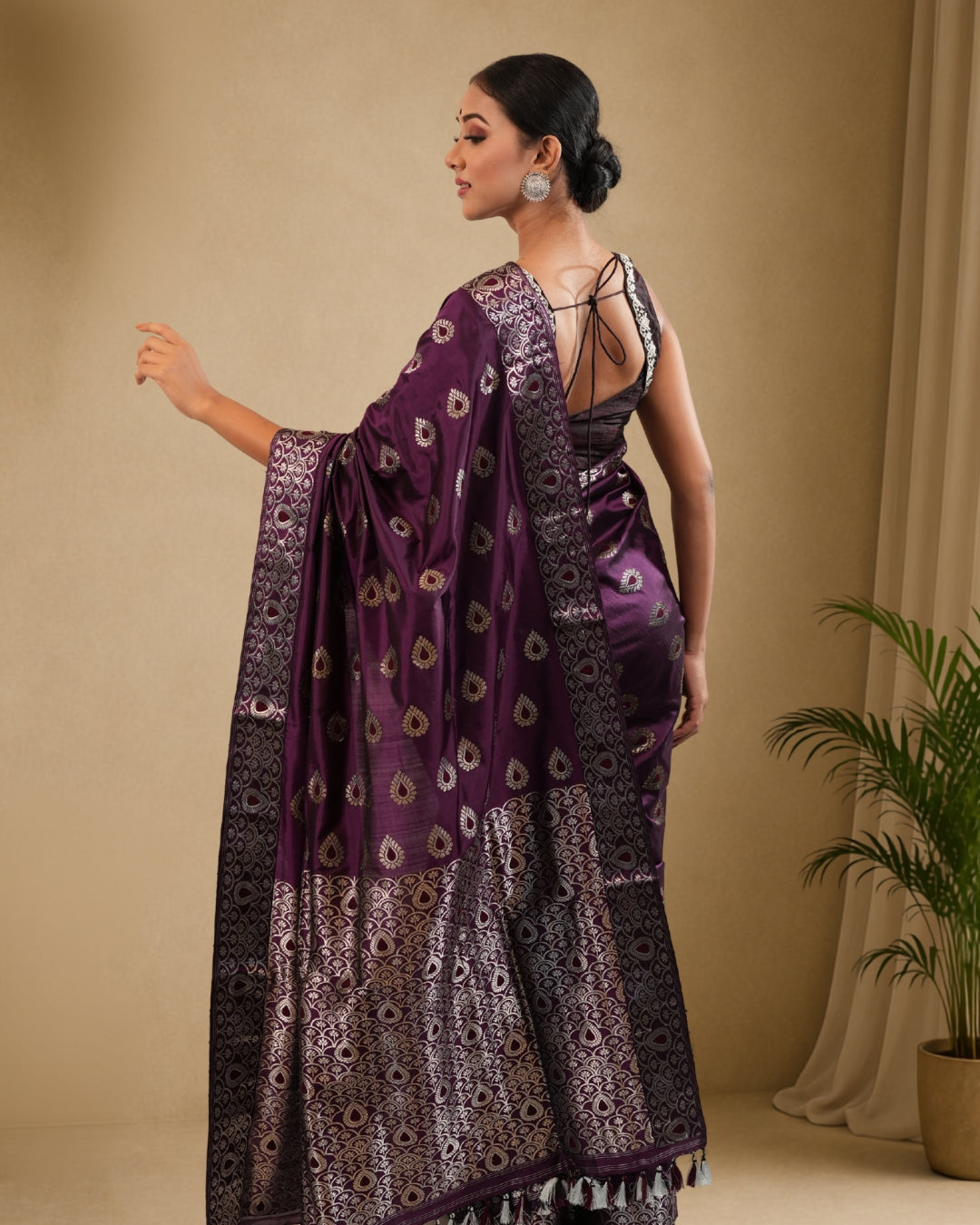 Purple Pure Mulberry Silk With Silver Zari Thread Work Assam Silk Saree