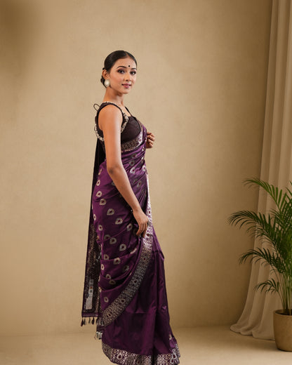 Purple Pure Mulberry Silk With Silver Zari Thread Work Assam Silk Saree