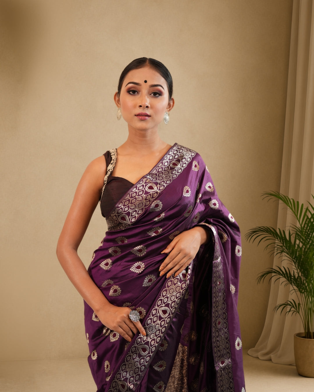 Purple Pure Mulberry Silk With Silver Zari Thread Work Assam Silk Saree