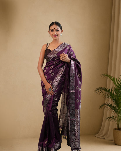 Purple Pure Mulberry Silk With Silver Zari Thread Work Assam Silk Saree