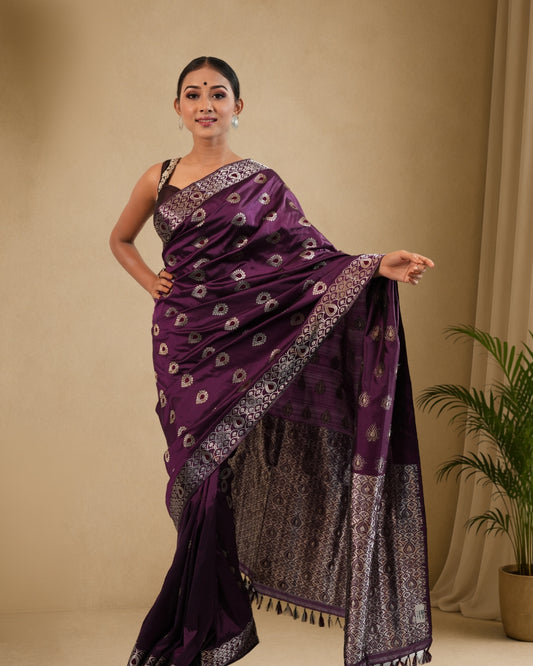 Purple Pure Mulberry Silk With Silver Zari Thread Work Assam Silk Saree