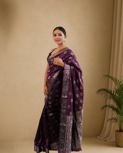Purple Pure Mulberry Silk With Silver Zari Thread Work Assam Silk Saree