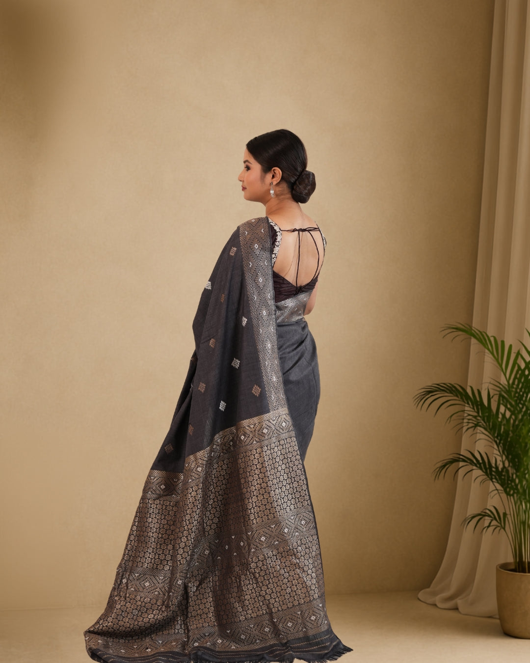 Black Pure Eri By Eri Silk With Muga Ghisa Thread Work Assam Silk Saree