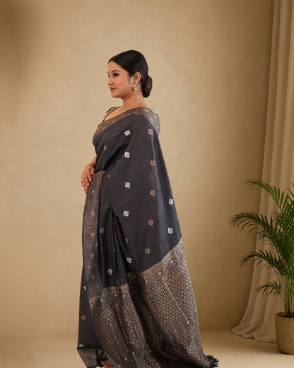 Black Pure Eri By Eri Silk With Muga Ghisa Thread Work Assam Silk Saree
