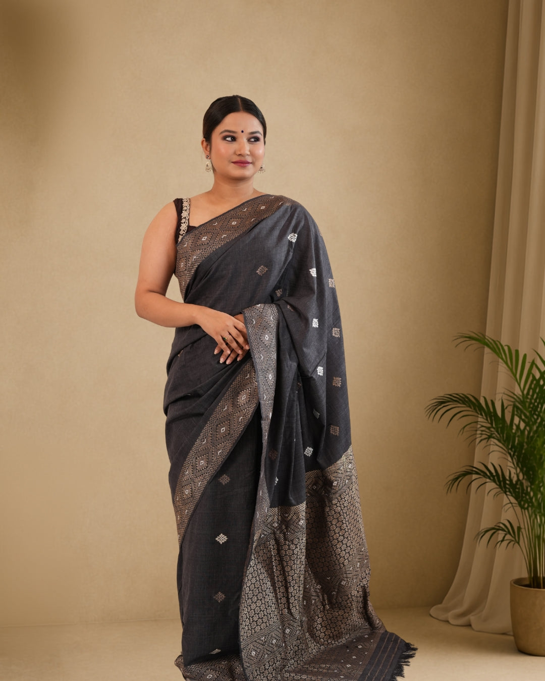 Black Pure Eri By Eri Silk With Muga Ghisa Thread Work Assam Silk Saree