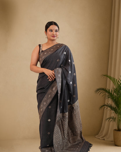 Black Pure Eri By Eri Silk With Muga Ghisa Thread Work Assam Silk Saree