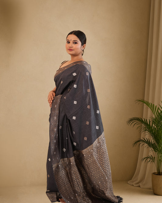 Black Pure Eri By Eri Silk With Muga Ghisa Thread Work Assam Silk Saree