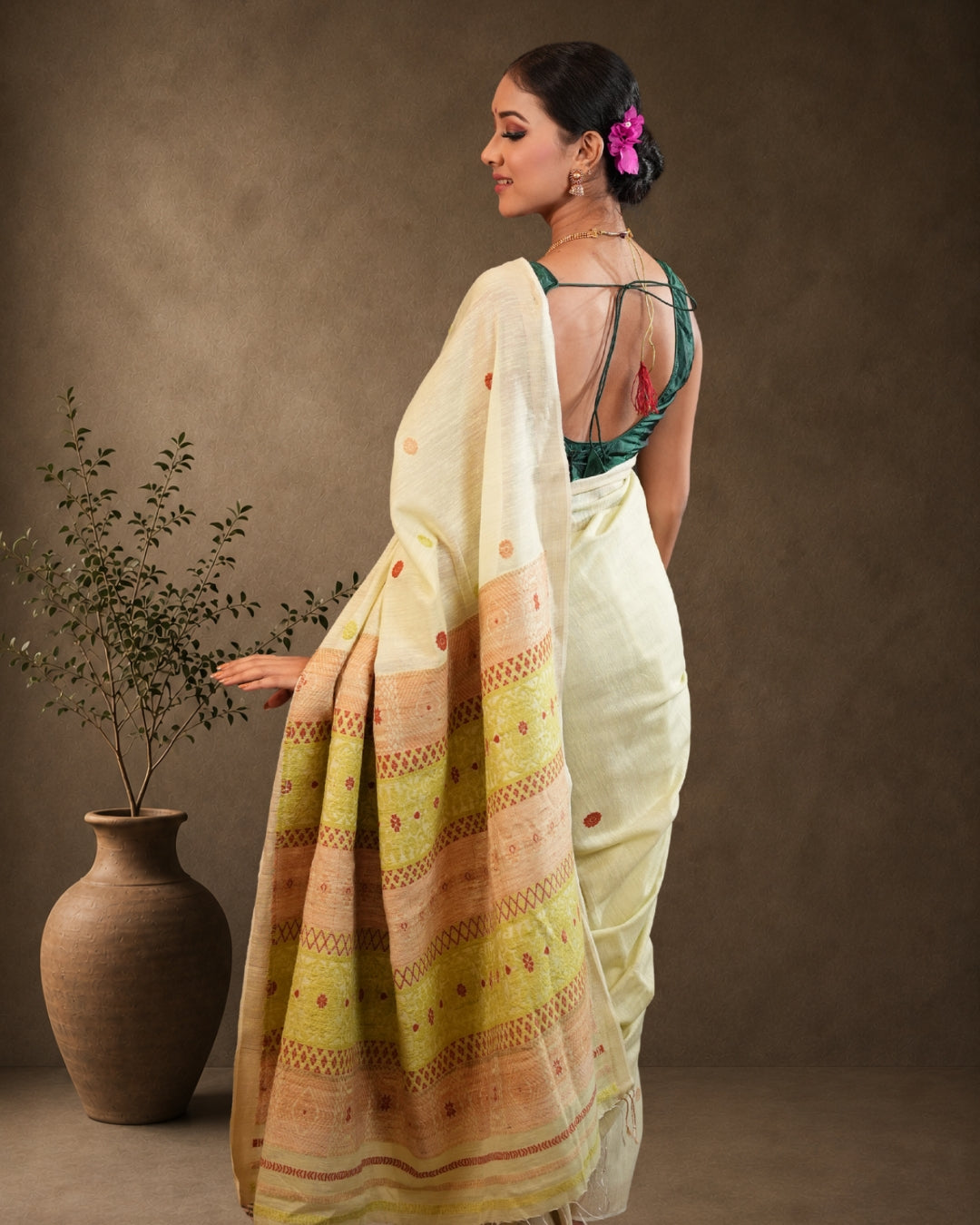 Pure Eri By Mulberry Off White Thread Work Assam Silk Saree