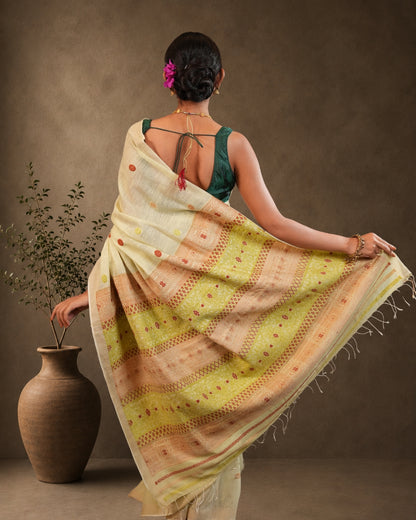 Pure Eri By Mulberry Off White Thread Work Assam Silk Saree