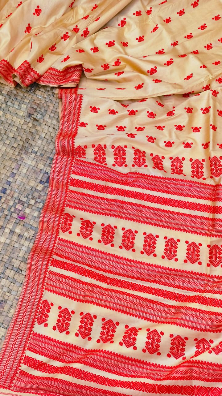 Pure Tussar By Tussar Thread Work Assam Silk Saree With Red Motifs