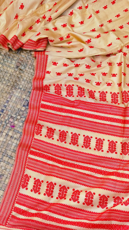 Pure Tussar By Tussar Thread Work Assam Silk Saree With Red Motifs