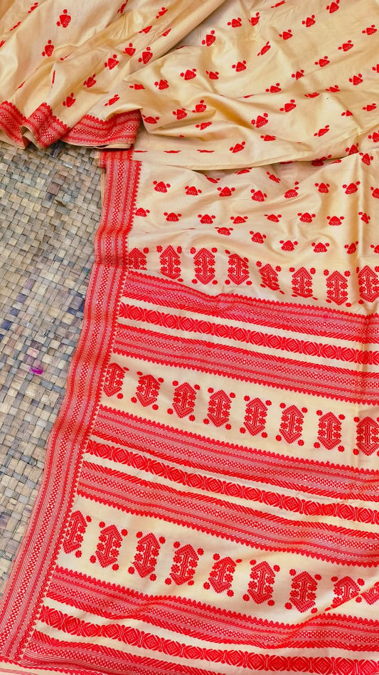 Pure Tussar By Tussar Thread Work Assam Silk Saree With Red Motifs