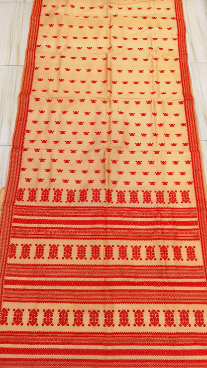 Pure Tussar By Tussar Thread Work Assam Silk Saree With Red Motifs