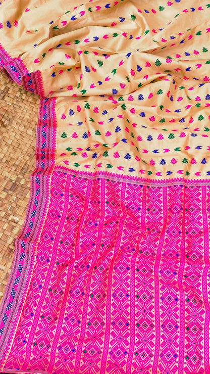 Pure Tussar By Tussar Beige Thread Work Assam Silk Saree