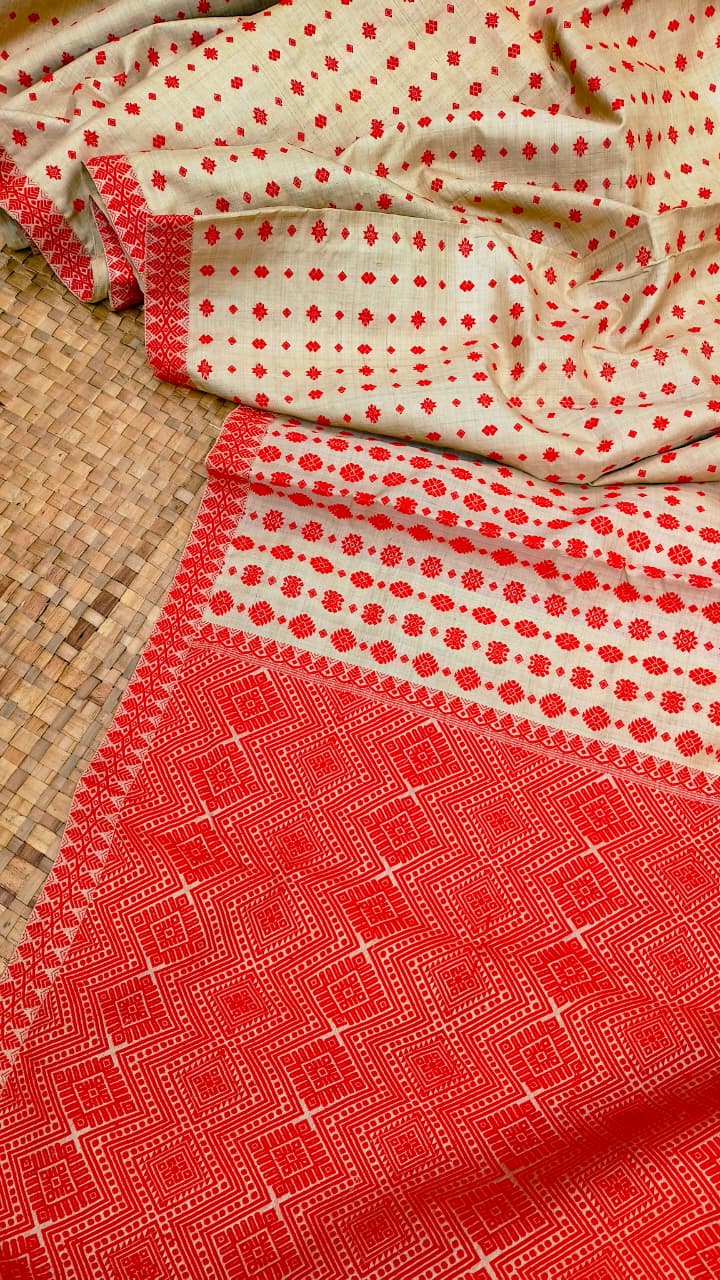 Red Pure Muga Thread Work Assam Silk Saree Classy Handwoven Saree