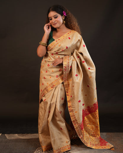 Pure Muga Silk With Golden Zari Work Assam Silk Saree