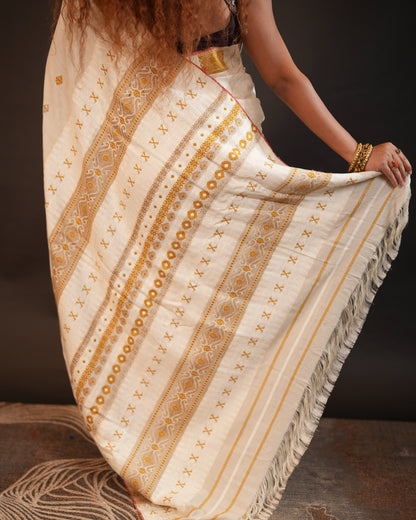 Off White Pure Eri By Eri Silk With Muga Ghisa Work Interwoven Assam Silk Saree